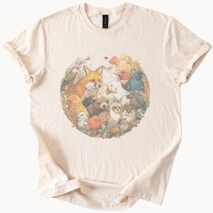 Boho Tee with Circular Animal & Flower Art